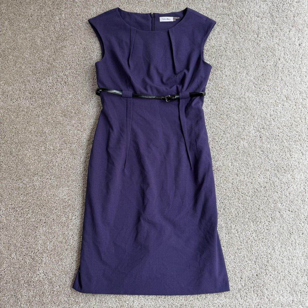 Calvin Klein Dress Womens 10 Purple Cap Sleeve Sheath Knee Length Belted Office - Picture 1 of 8